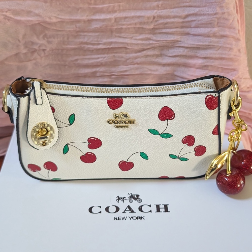 Coach White Cherry Print Mini Wristlet with Gold Cherry Charm